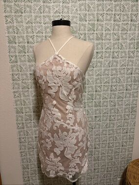 White Floral Appliqué Halter Mini Dress
